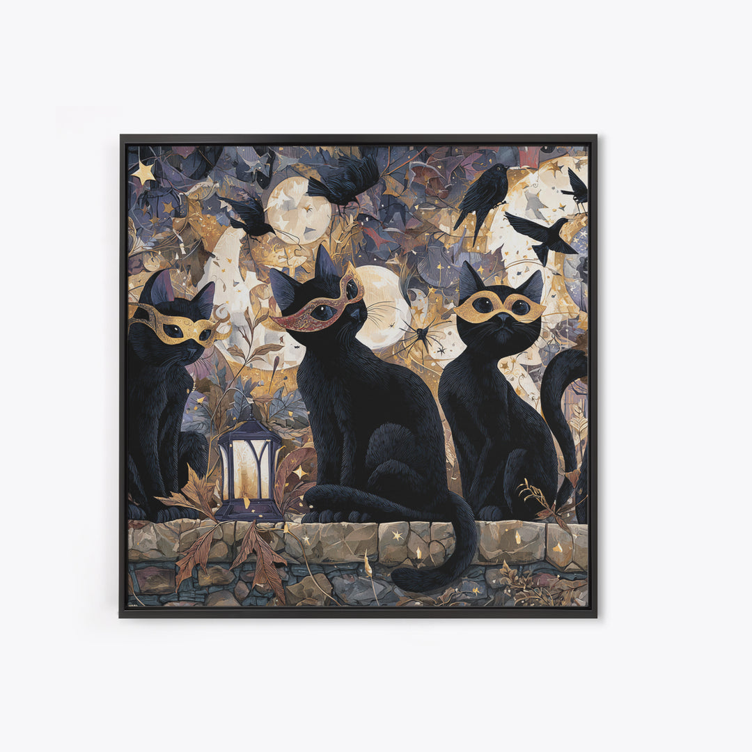 The Moonlit Cat Masquerade - Surreal Celestial Vision, Occult Wall Decor, Square Wall Art, Canvas Print, Halloween Home Decor