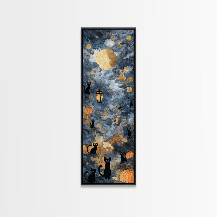 The Moonlit Cat Masquerade - Surreal Celestial Vision, Occult Wall Decor, Tall Narrow Wall Art, Canvas Print, Halloween Home Decor
