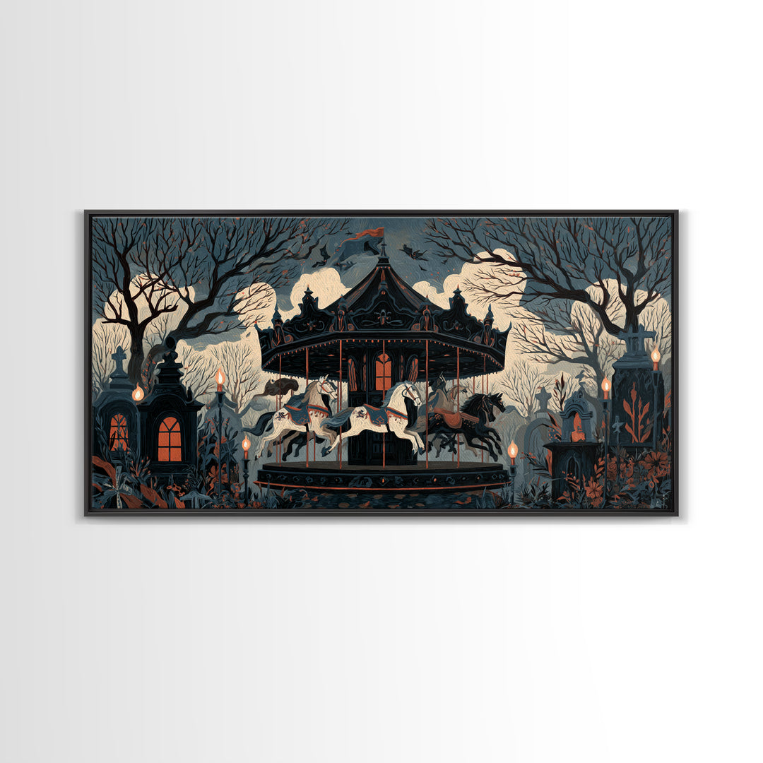 The Graveyard Carousel - Icon Portrait, Occult Wall Decor, Wide Panoramic Art, Canvas Print, Halloween Home Decor, Gothic Wall Art