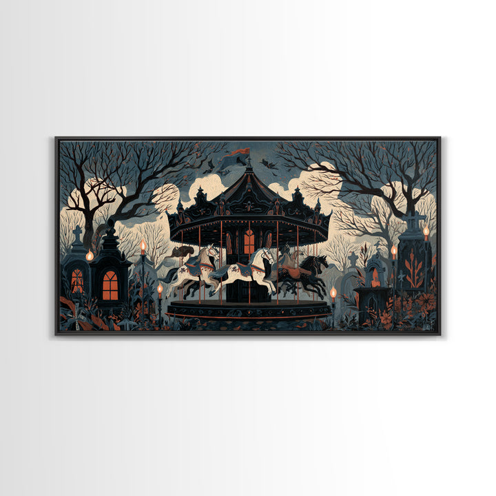 The Graveyard Carousel - Icon Portrait, Occult Wall Decor, Wide Panoramic Art, Canvas Print, Halloween Home Decor, Gothic Wall Art