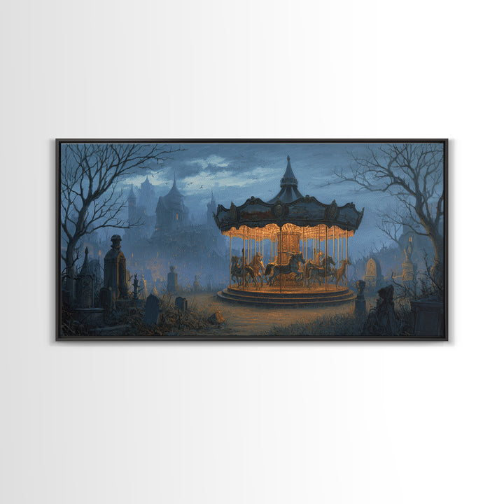 The Graveyard Carousel - Environmental Panorama, Spooky Wall Decor, Wide Panoramic Art, Framed Canvas Print, Halloween Home Decor