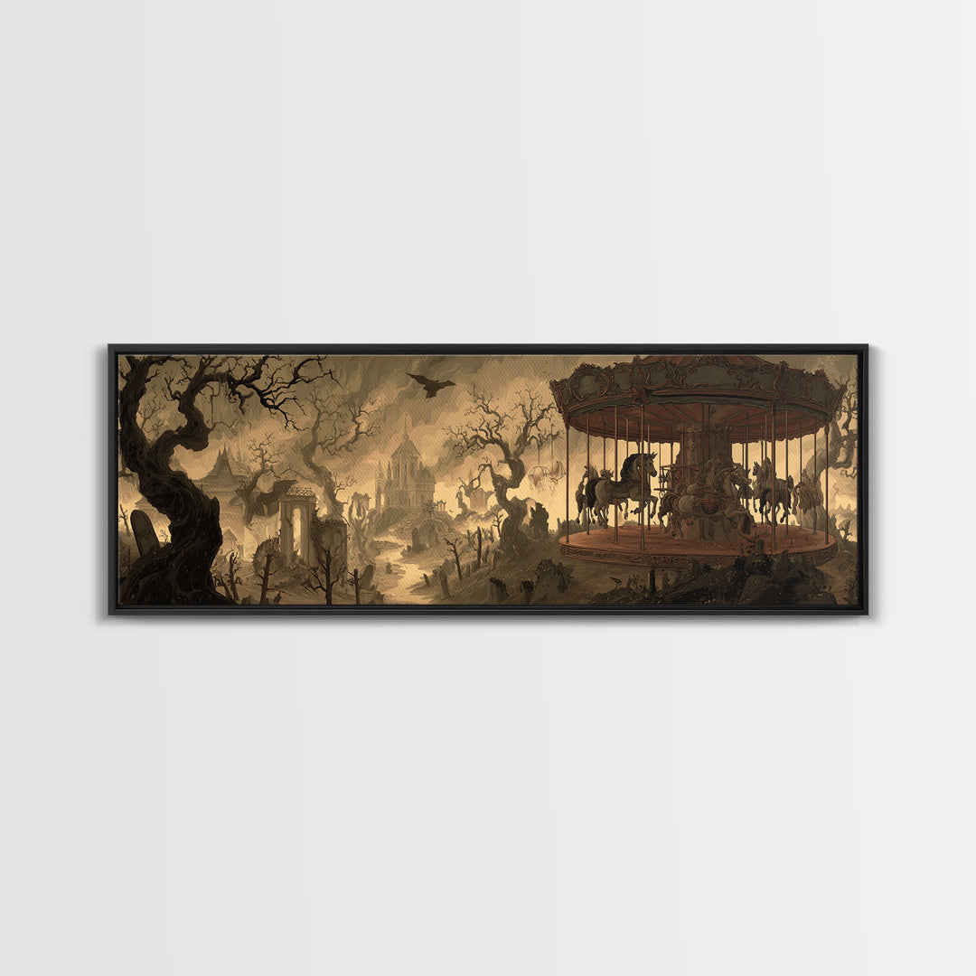 The Graveyard Carousel - Environmental Panorama, Dark Fantasy Wall Art, Extra Wide Wall Art, Canvas Print, Halloween Home Decor