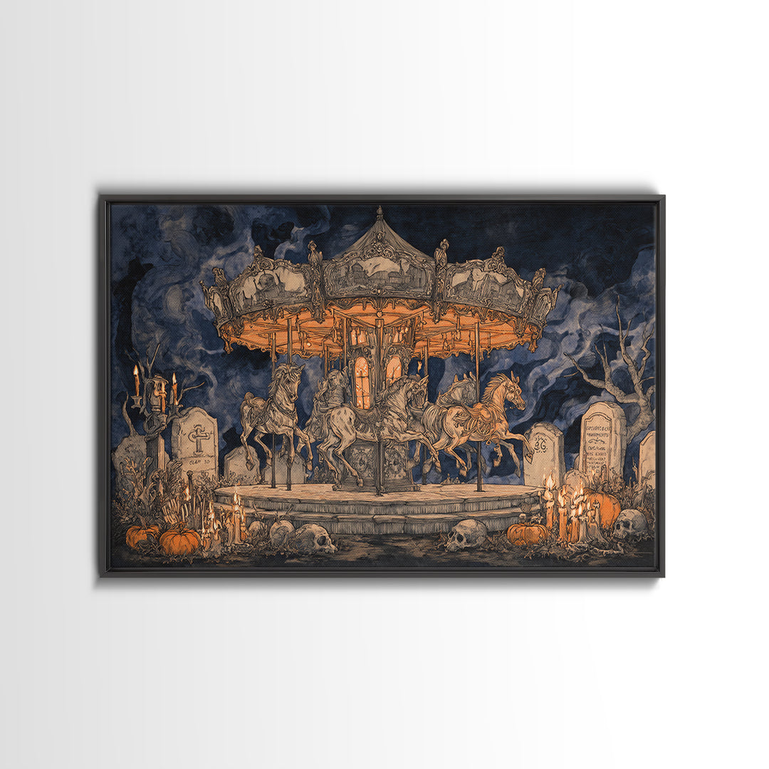The Graveyard Carousel - Occult Still Life, Macabre Halloween Art, Landscape Wall Art, Framed Canvas Print, Halloween Home Decor