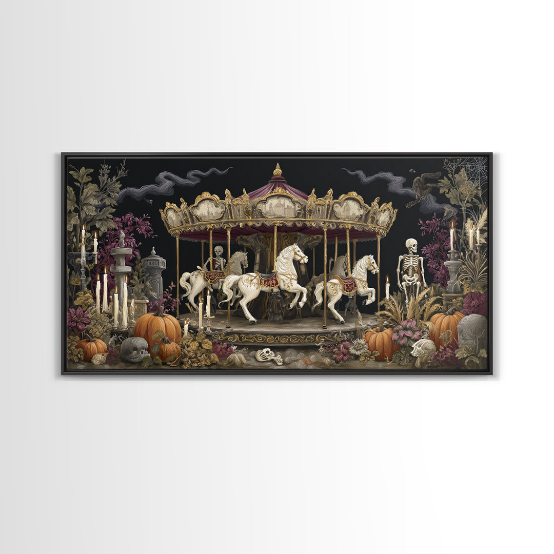 The Graveyard Carousel - Occult Still Life, Occult Wall Decor, Wide Panoramic Art, Canvas Print, Halloween Home Decor, Gothic Wall Art