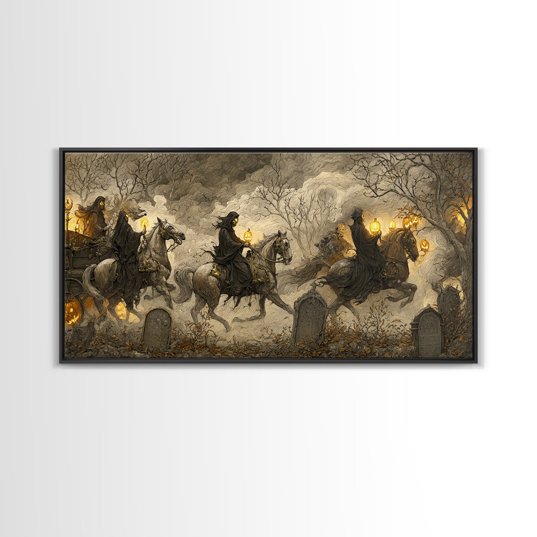 The Graveyard Carousel - Procession Scene, Halloween Wall Art, Wide Panoramic Art, Framed Canvas Print, Halloween Home Decor