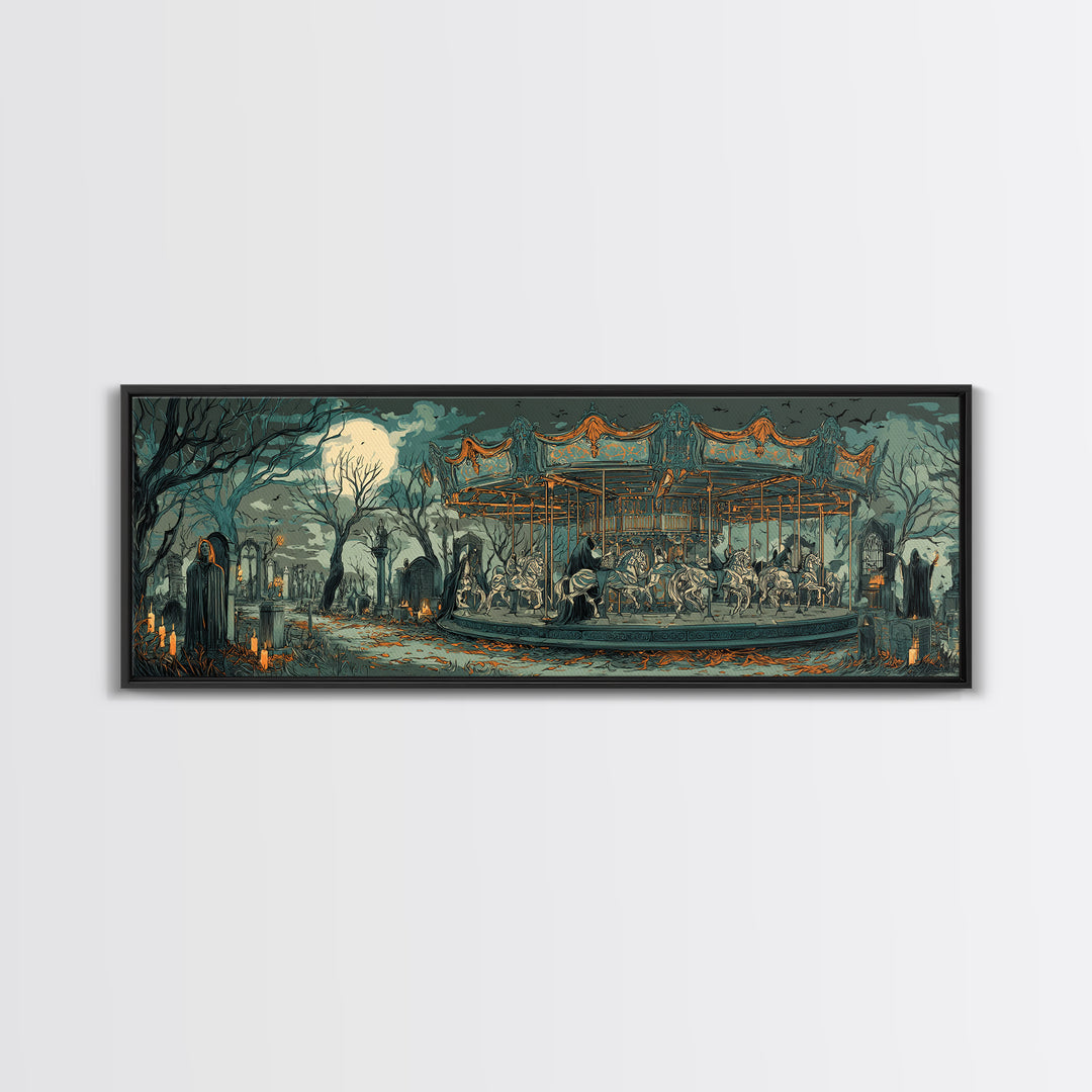 The Graveyard Carousel - Procession Scene, Halloween Wall Art, Extra Wide Wall Art, Framed Canvas Print, Halloween Home Decor