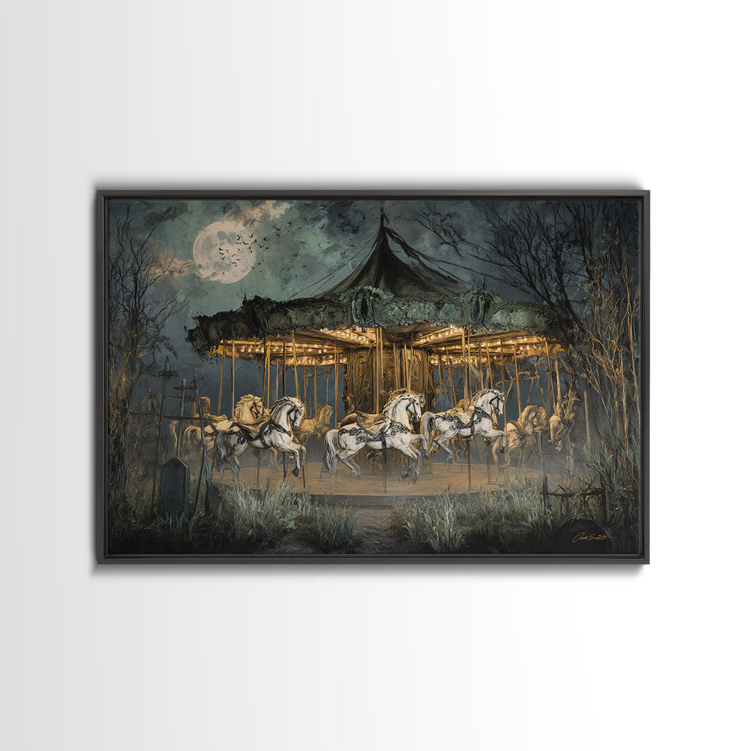 The Graveyard Carousel - Surreal Celestial Vision, Spooky Wall Decor, Landscape Wall Art, Framed Canvas Print, Halloween Home Decor