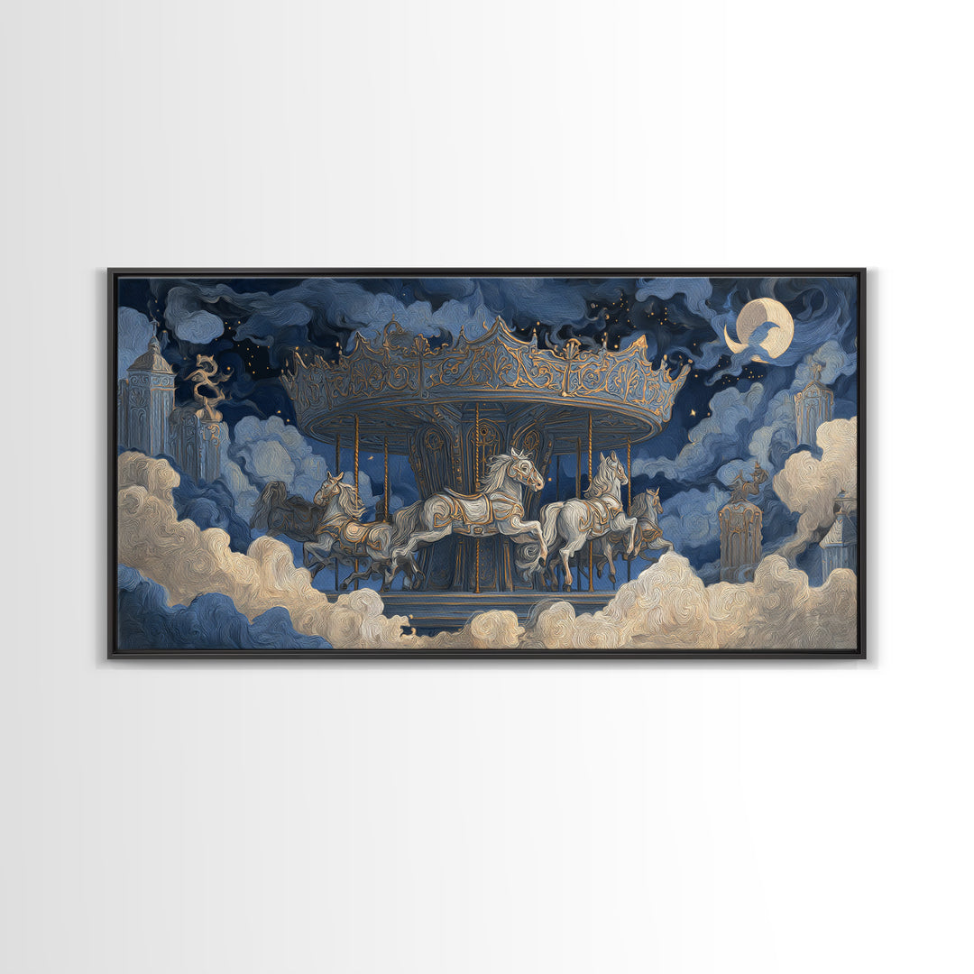 The Graveyard Carousel - Surreal Celestial Vision, Halloween Wall Art, Wide Panoramic Art, Framed Canvas Print, Halloween Home Decor