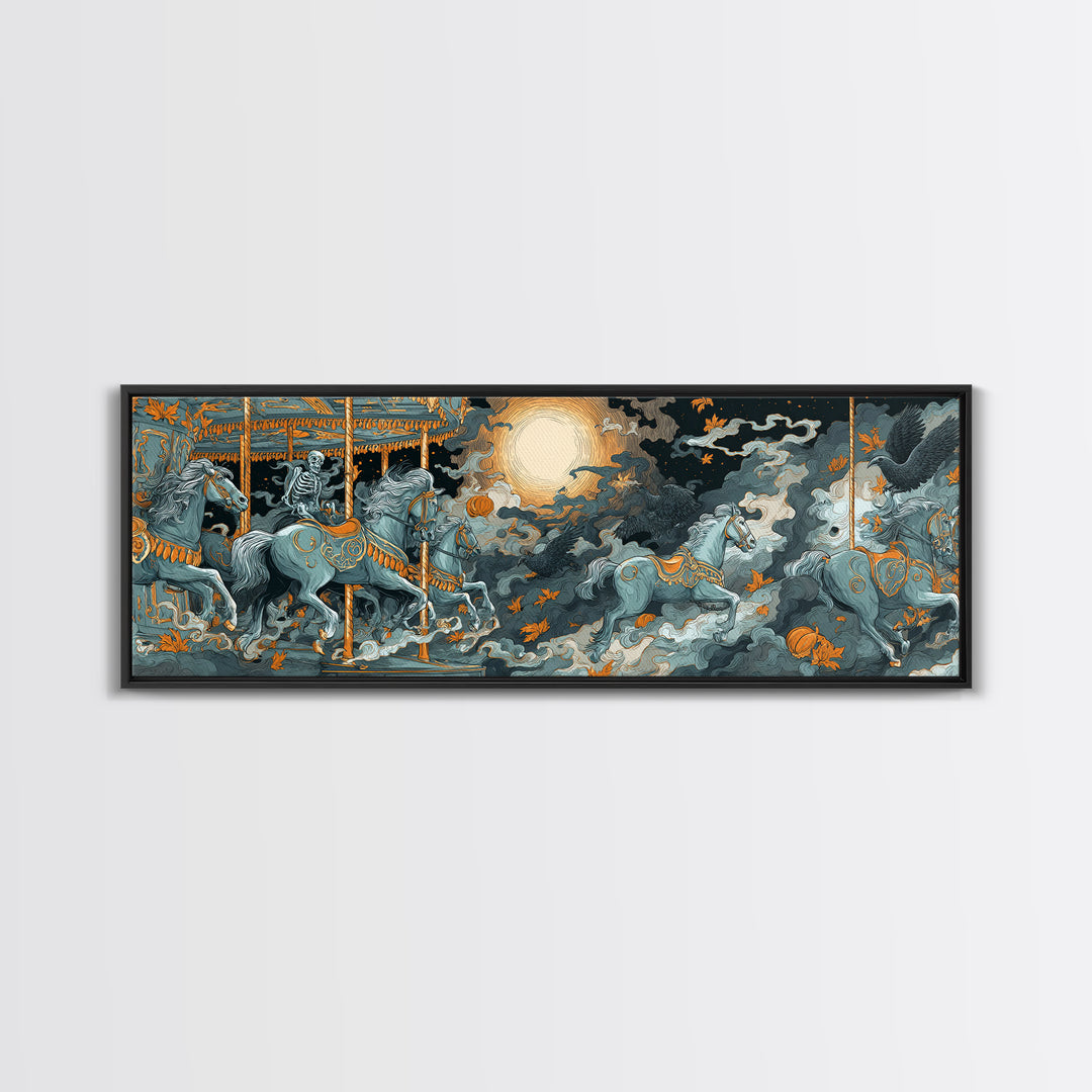 The Graveyard Carousel - Surreal Celestial Vision, Spooky Wall Decor, Extra Wide Wall Art, Framed Canvas Print, Halloween Home Decor