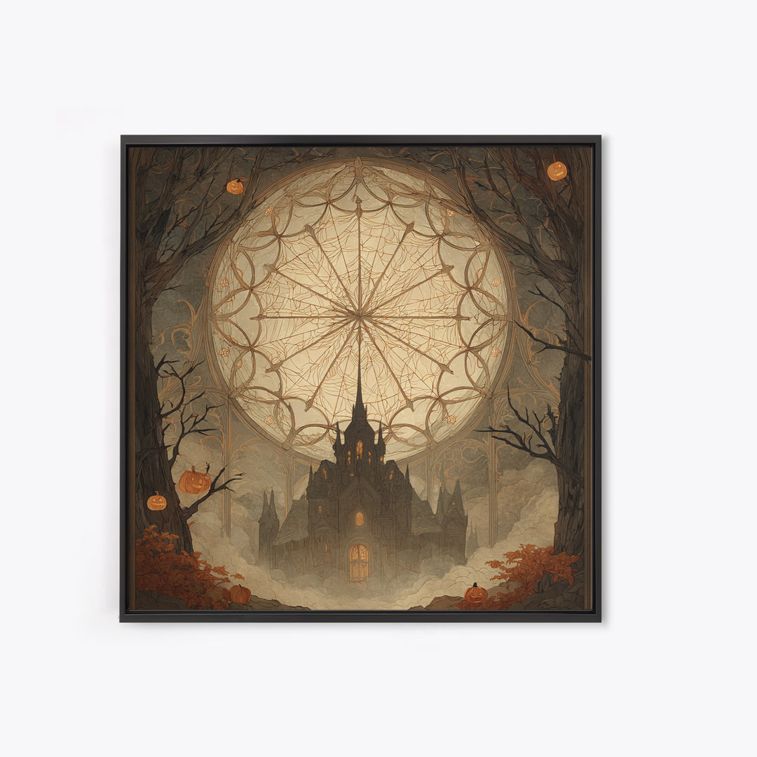 The Spiderweb Cathedral Window - Icon Portrait, Occult Wall Decor, Square Wall Art, Canvas Print, Halloween Home Decor, Gothic Wall Art