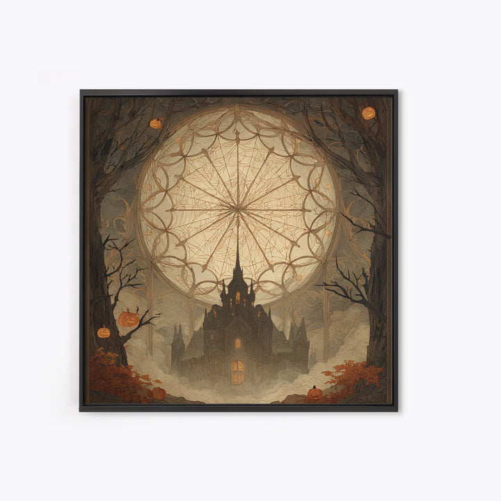 The Spiderweb Cathedral Window - Icon Portrait, Occult Wall Decor, Square Wall Art, Canvas Print, Halloween Home Decor, Gothic Wall Art
