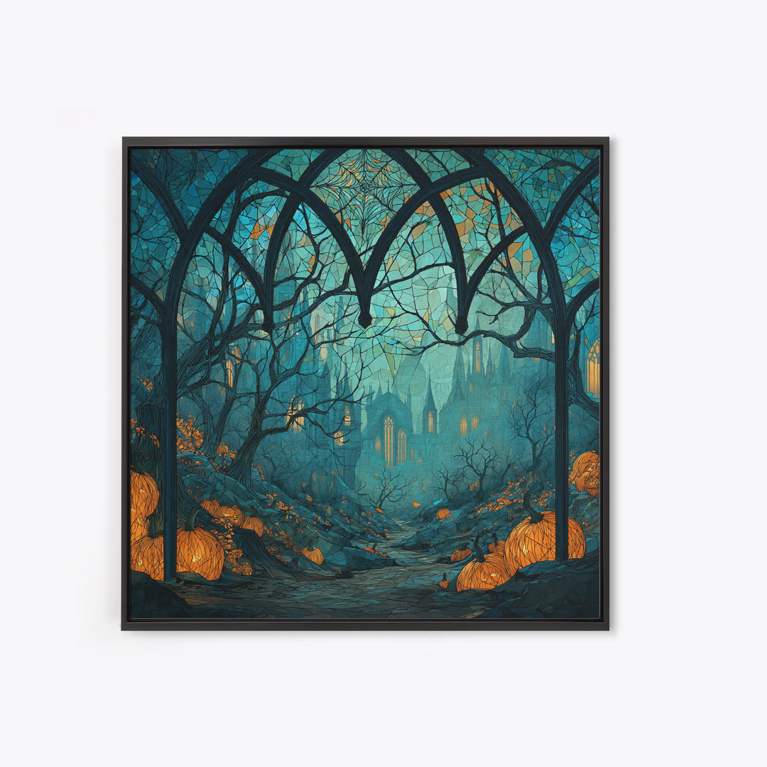The Spiderweb Cathedral Window - Environmental Panorama, Halloween Wall Art, Square Wall Art, Framed Canvas Print, Halloween Home Decor