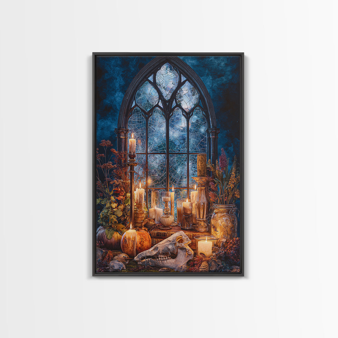 The Spiderweb Cathedral Window - Occult Still Life, Dark Fantasy Wall Art, Vertical Wall Art, Canvas Print, Halloween Home Decor