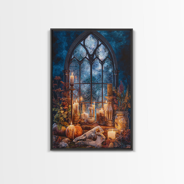 The Spiderweb Cathedral Window - Occult Still Life, Dark Fantasy Wall Art, Vertical Wall Art, Canvas Print, Halloween Home Decor