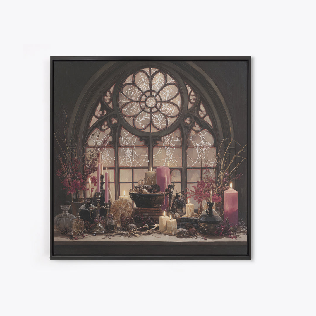 The Spiderweb Cathedral Window - Occult Still Life, Spooky Wall Decor, Square Wall Art, Framed Canvas Print, Halloween Home Decor
