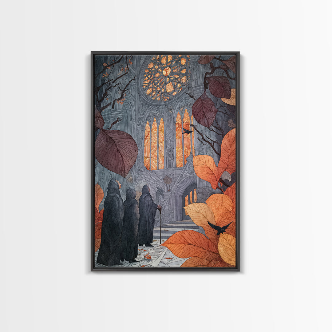 The Spiderweb Cathedral Window - Procession Scene, Halloween Wall Art, Vertical Wall Art, Framed Canvas Print, Halloween Home Decor