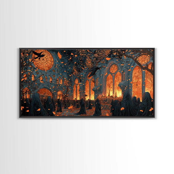 The Spiderweb Cathedral Window - Procession Scene, Occult Wall Decor, Wide Panoramic Art, Canvas Print, Halloween Home Decor