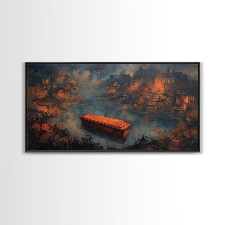 The Floating Coffin Garden - Environmental Panorama, Occult Wall Decor, Wide Panoramic Art, Canvas Print, Halloween Home Decor