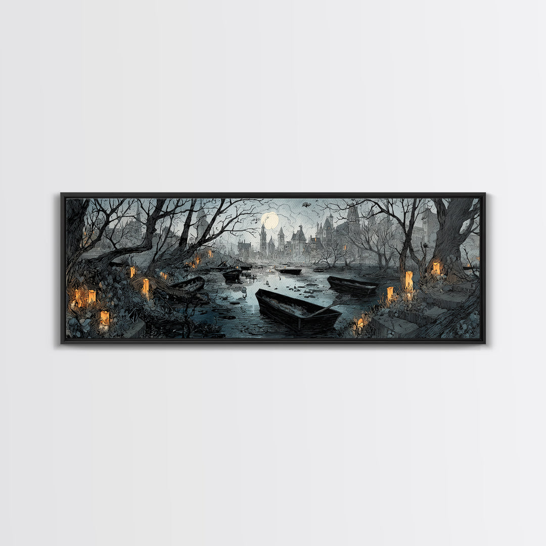 The Floating Coffin Garden - Environmental Panorama, Dark Fantasy Wall Art, Extra Wide Wall Art, Canvas Print, Halloween Home Decor