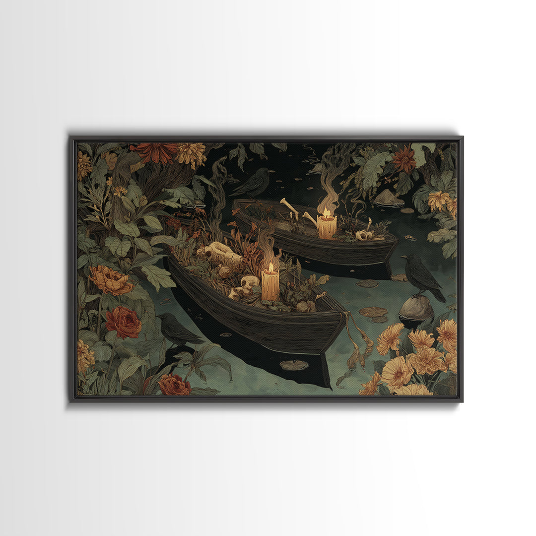 The Floating Coffin Garden - Occult Still Life, Spooky Wall Decor, Landscape Wall Art, Framed Canvas Print, Halloween Home Decor