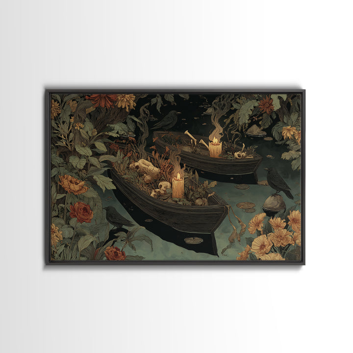 The Floating Coffin Garden - Occult Still Life, Spooky Wall Decor, Landscape Wall Art, Framed Canvas Print, Halloween Home Decor