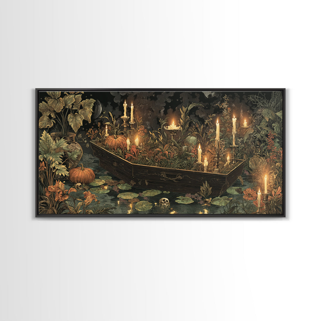 The Floating Coffin Garden - Occult Still Life, Spooky Wall Decor, Wide Panoramic Art, Framed Canvas Print, Halloween Home Decor