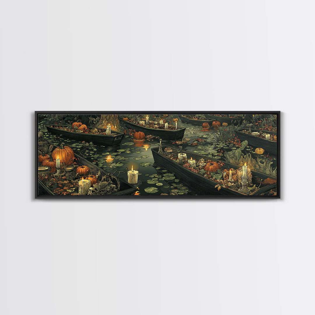 The Floating Coffin Garden - Occult Still Life, Spooky Wall Decor, Extra Wide Wall Art, Framed Canvas Print, Halloween Home Decor