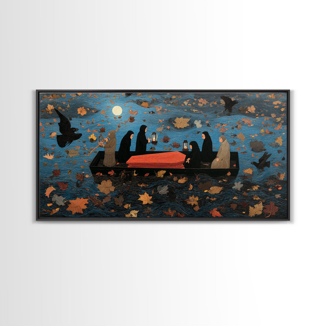 The Floating Coffin Garden - Procession Scene, Macabre Halloween Art, Wide Panoramic Art, Framed Canvas Print, Halloween Home Decor