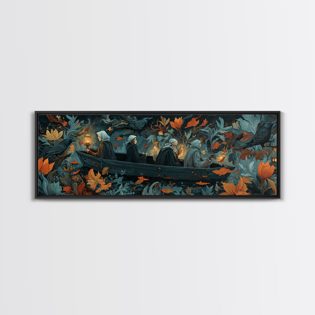 The Floating Coffin Garden - Procession Scene, Halloween Wall Art, Extra Wide Wall Art, Framed Canvas Print, Halloween Home Decor