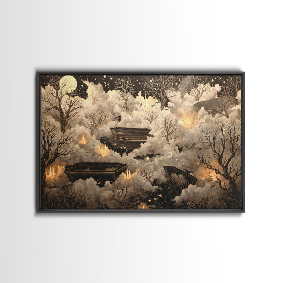 The Floating Coffin Garden - Surreal Celestial Vision, Macabre Halloween Art, Landscape Wall Art, Framed Canvas Print, Halloween Home Decor