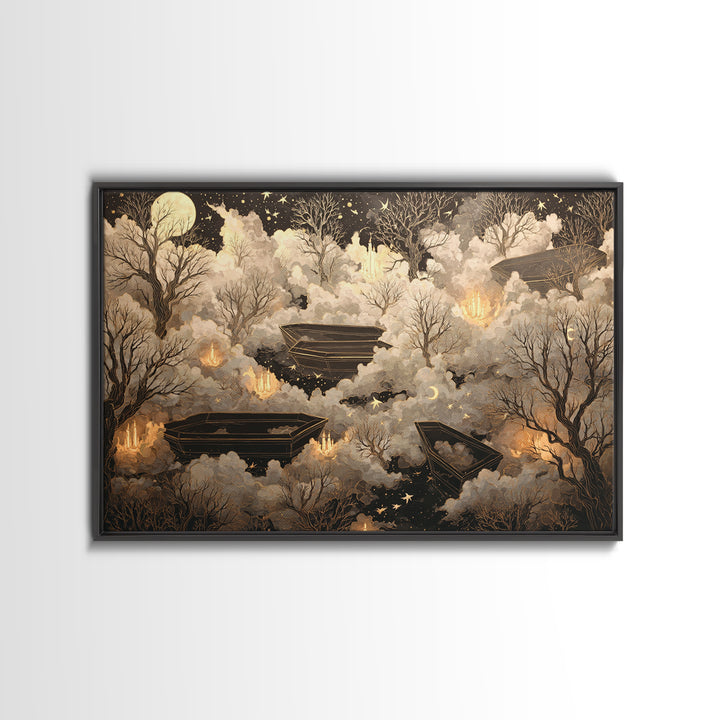 The Floating Coffin Garden - Surreal Celestial Vision, Macabre Halloween Art, Landscape Wall Art, Framed Canvas Print, Halloween Home Decor