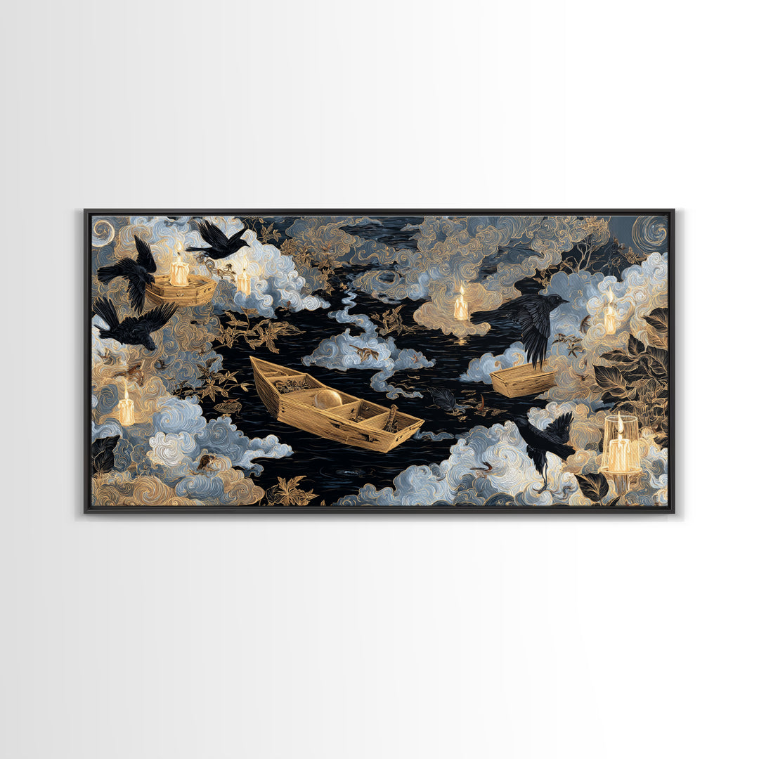 The Floating Coffin Garden - Surreal Celestial Vision, Halloween Wall Art, Wide Panoramic Art, Framed Canvas Print, Halloween Home Decor