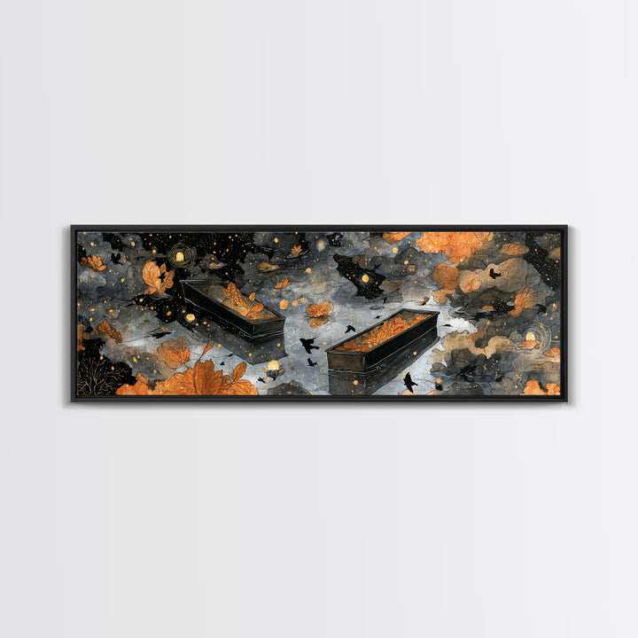 The Floating Coffin Garden - Surreal Celestial Vision, Spooky Wall Decor, Extra Wide Wall Art, Framed Canvas Print, Halloween Home Decor
