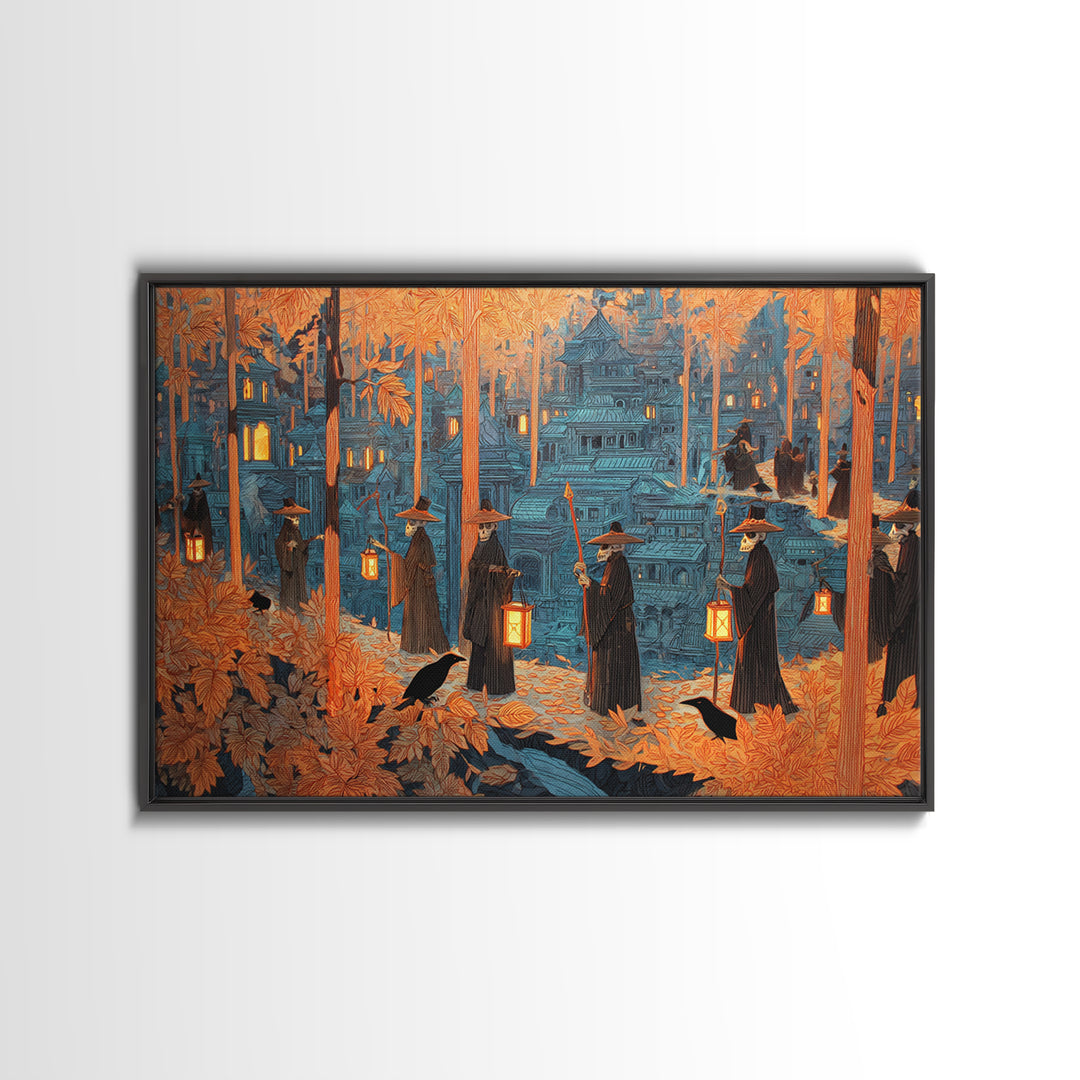 The Autumn Reaper Parade - Environmental Panorama, Macabre Halloween Art, Landscape Wall Art, Framed Canvas Print, Halloween Home Decor