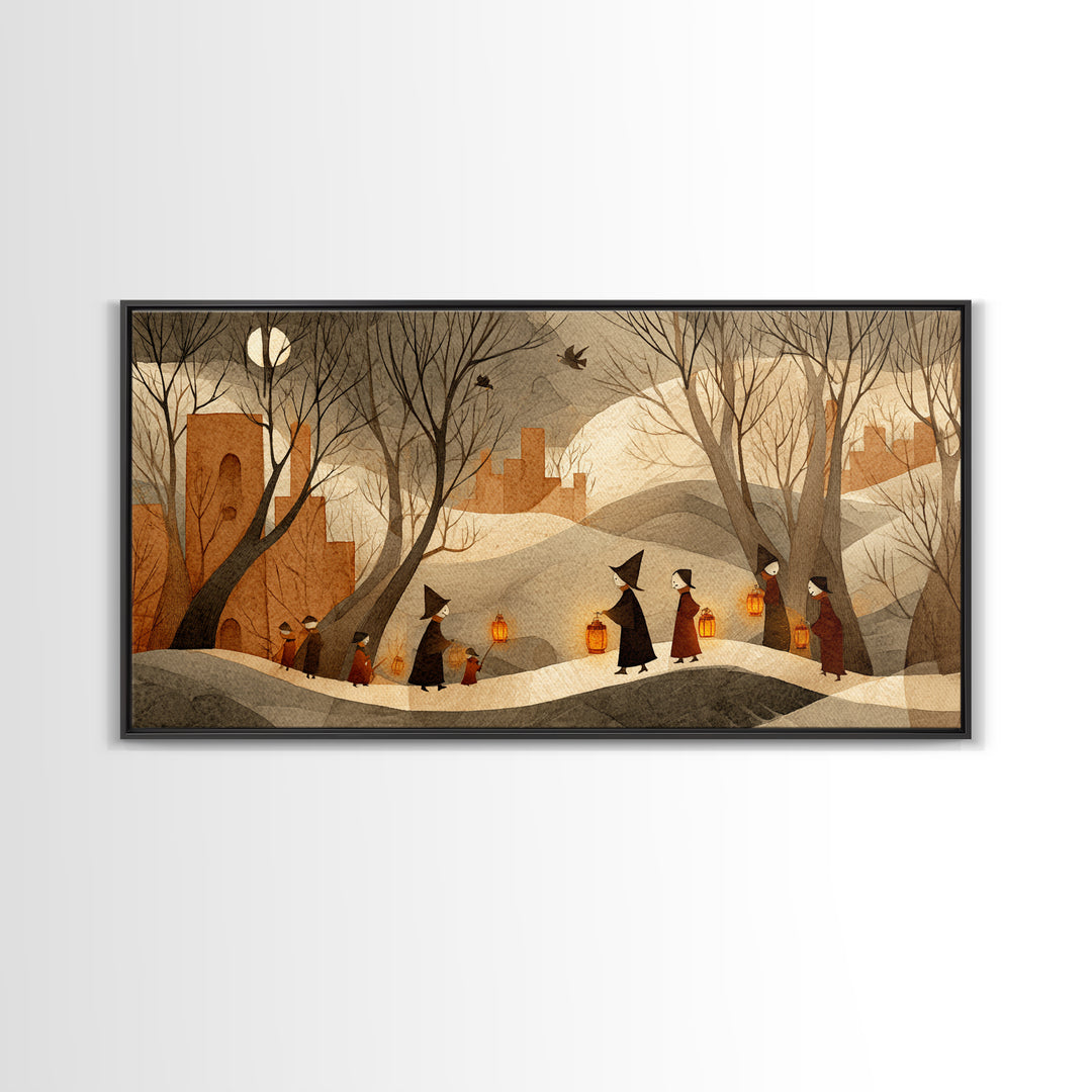 The Autumn Reaper Parade - Environmental Panorama, Spooky Wall Decor, Wide Panoramic Art, Framed Canvas Print, Halloween Home Decor