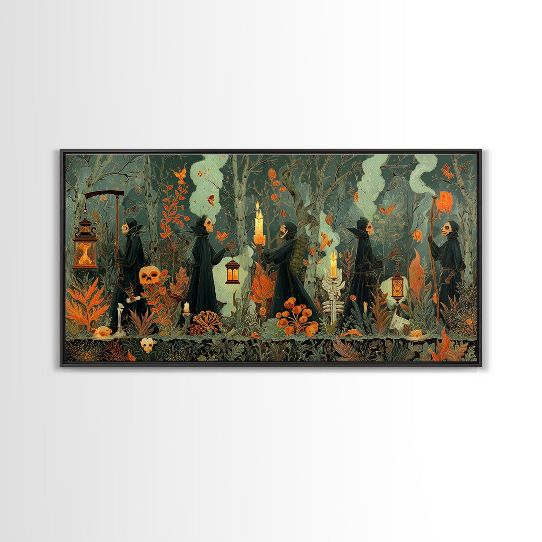 The Autumn Reaper Parade - Occult Still Life, Occult Wall Decor, Wide Panoramic Art, Canvas Print, Halloween Home Decor, Gothic Wall Art
