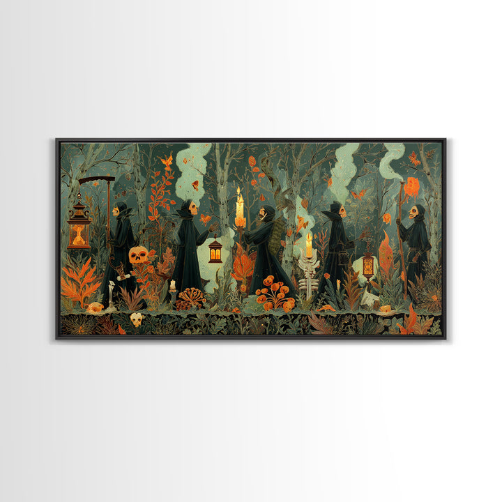 The Autumn Reaper Parade - Occult Still Life, Occult Wall Decor, Wide Panoramic Art, Canvas Print, Halloween Home Decor, Gothic Wall Art