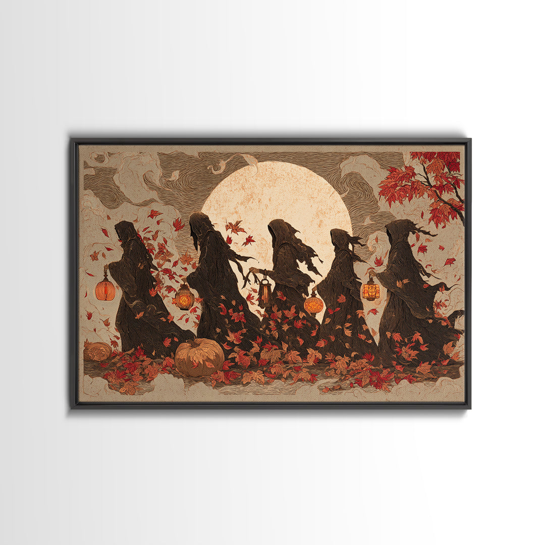 The Autumn Reaper Parade - Procession Scene, Macabre Halloween Art, Landscape Wall Art, Framed Canvas Print, Halloween Home Decor