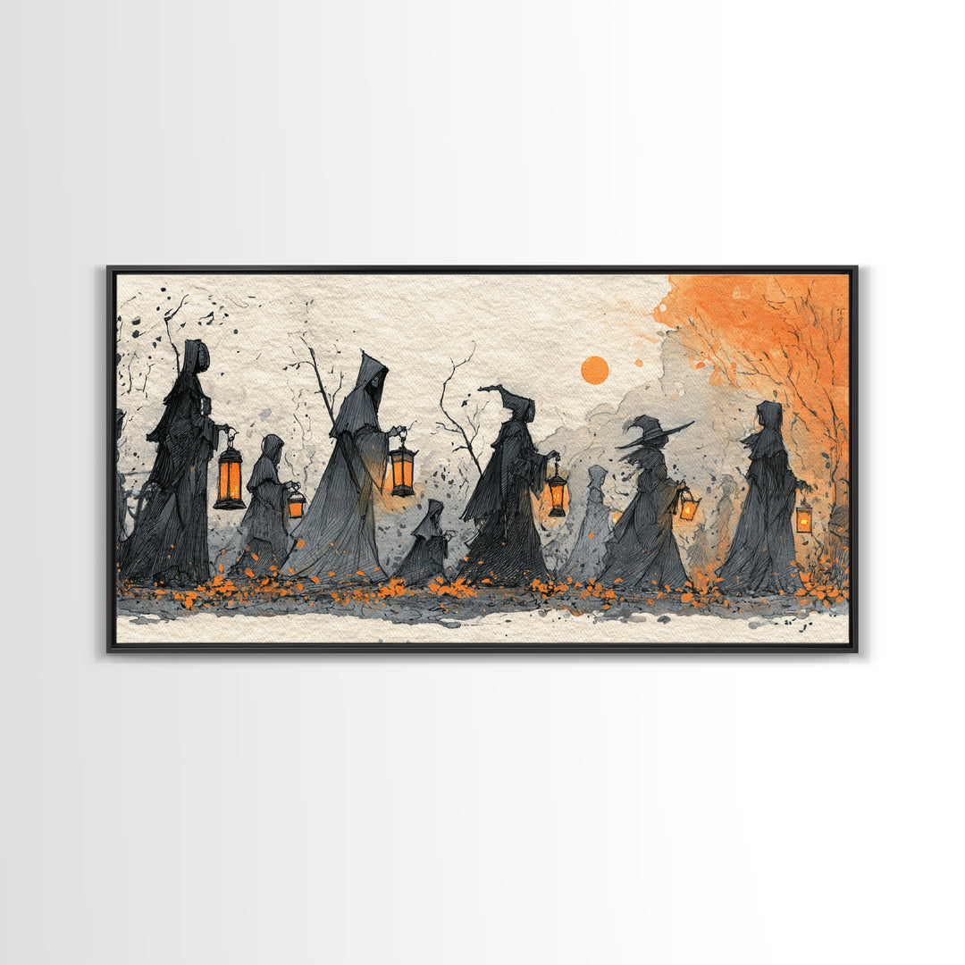 The Autumn Reaper Parade - Procession Scene, Spooky Wall Decor, Wide Panoramic Art, Framed Canvas Print, Halloween Home Decor