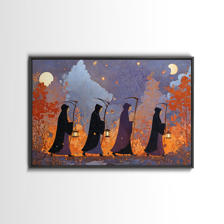 The Autumn Reaper Parade - Surreal Celestial Vision, Spooky Wall Decor, Landscape Wall Art, Framed Canvas Print, Halloween Home Decor