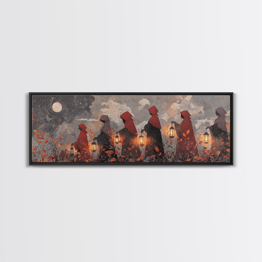The Autumn Reaper Parade - Surreal Celestial Vision, Spooky Wall Decor, Extra Wide Wall Art, Framed Canvas Print, Halloween Home Decor