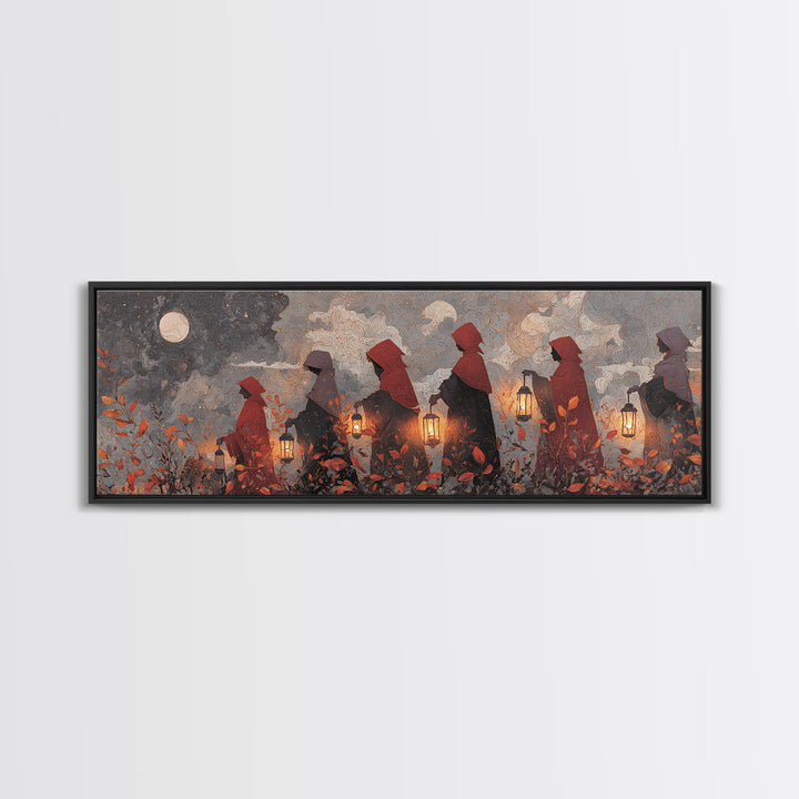 The Autumn Reaper Parade - Surreal Celestial Vision, Spooky Wall Decor, Extra Wide Wall Art, Framed Canvas Print, Halloween Home Decor