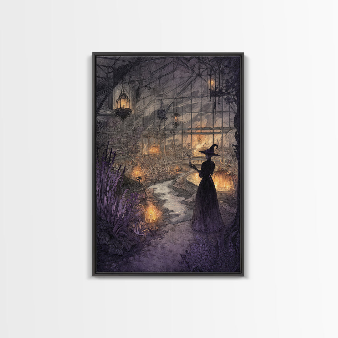 The Witch Queen Greenhouse - Environmental Panorama, Halloween Wall Art, Vertical Wall Art, Framed Canvas Print, Halloween Home Decor
