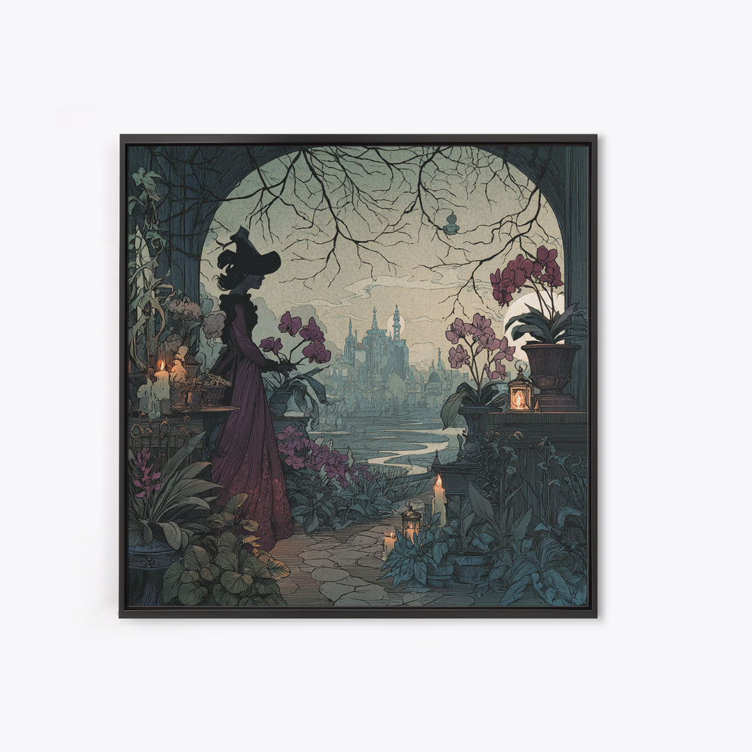 The Witch Queen Greenhouse - Environmental Panorama, Spooky Wall Decor, Square Wall Art, Framed Canvas Print, Halloween Home Decor