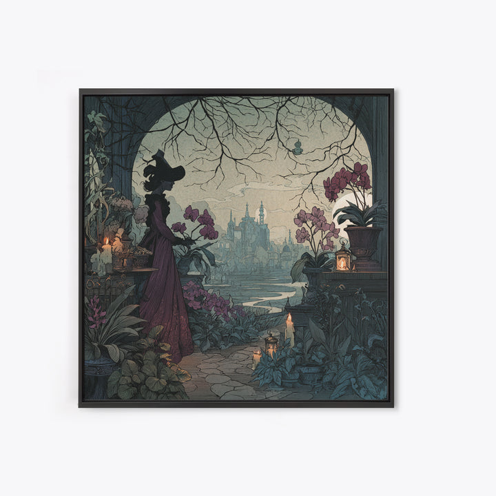 The Witch Queen Greenhouse - Environmental Panorama, Spooky Wall Decor, Square Wall Art, Framed Canvas Print, Halloween Home Decor