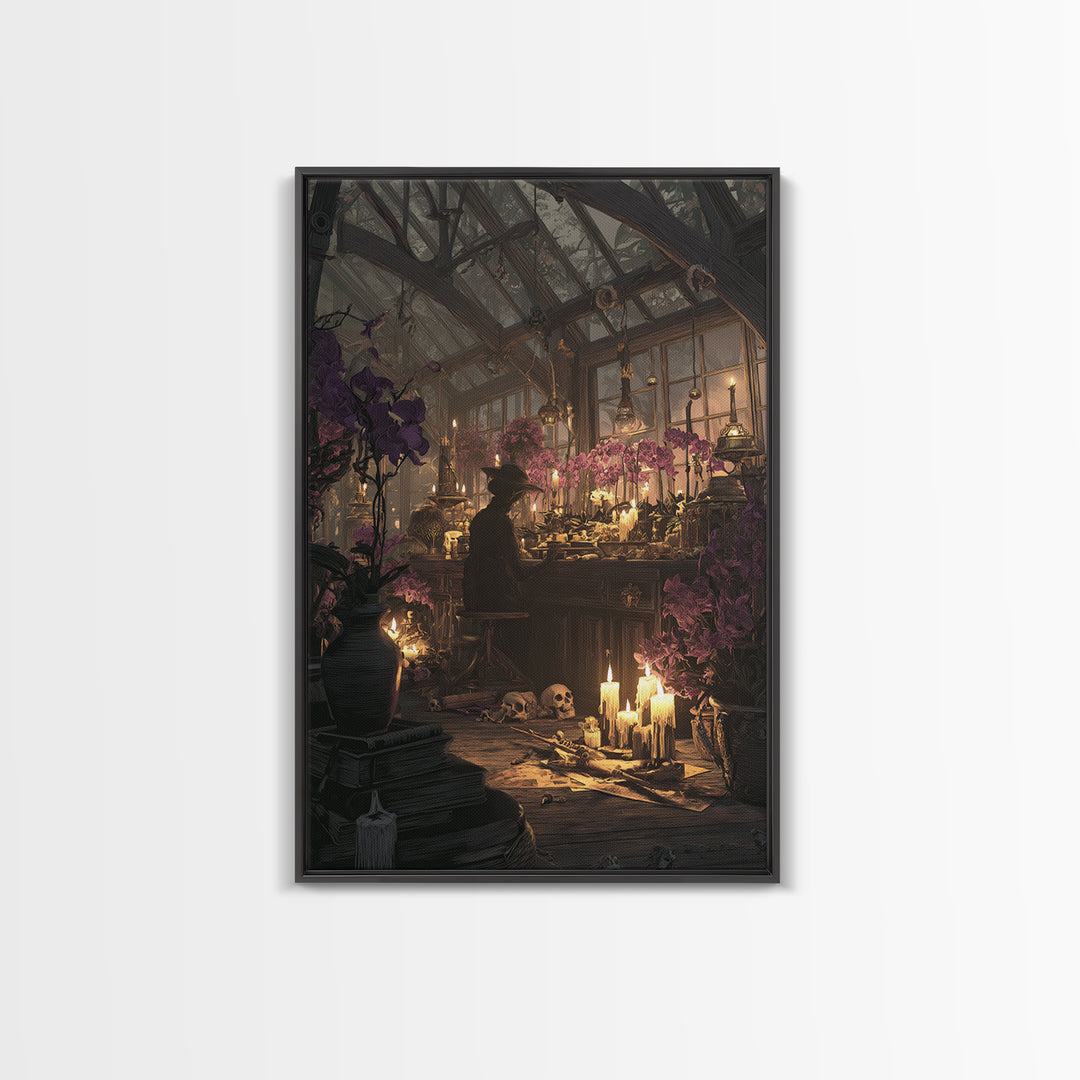 The Witch Queen Greenhouse - Occult Still Life, Macabre Halloween Art, Vertical Wall Art, Framed Canvas Print, Halloween Home Decor