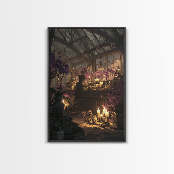 The Witch Queen Greenhouse - Occult Still Life, Macabre Halloween Art, Vertical Wall Art, Framed Canvas Print, Halloween Home Decor