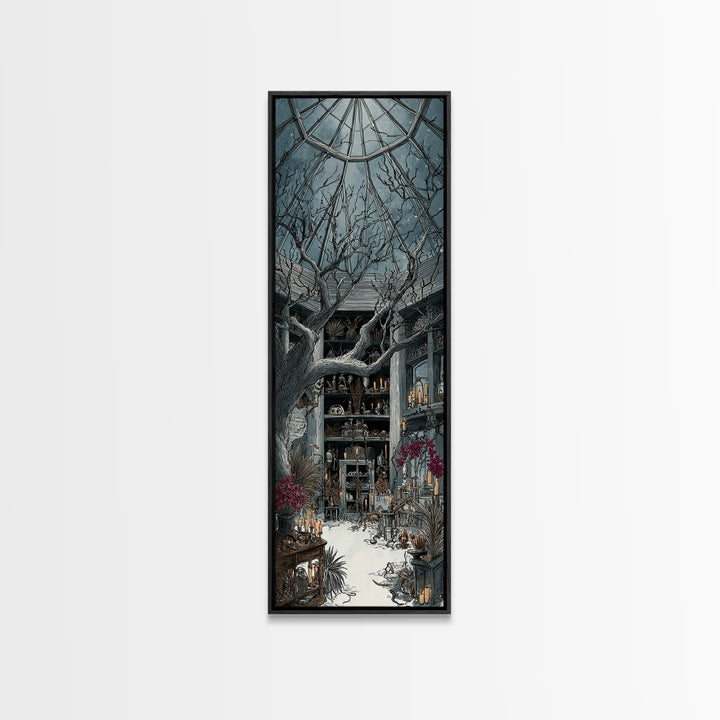 The Witch Queen Greenhouse - Occult Still Life, Spooky Wall Decor, Tall Narrow Wall Art, Framed Canvas Print, Halloween Home Decor