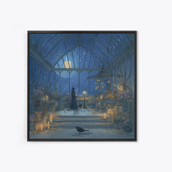 The Witch Queen Greenhouse - Surreal Celestial Vision, Spooky Wall Decor, Square Wall Art, Framed Canvas Print, Halloween Home Decor