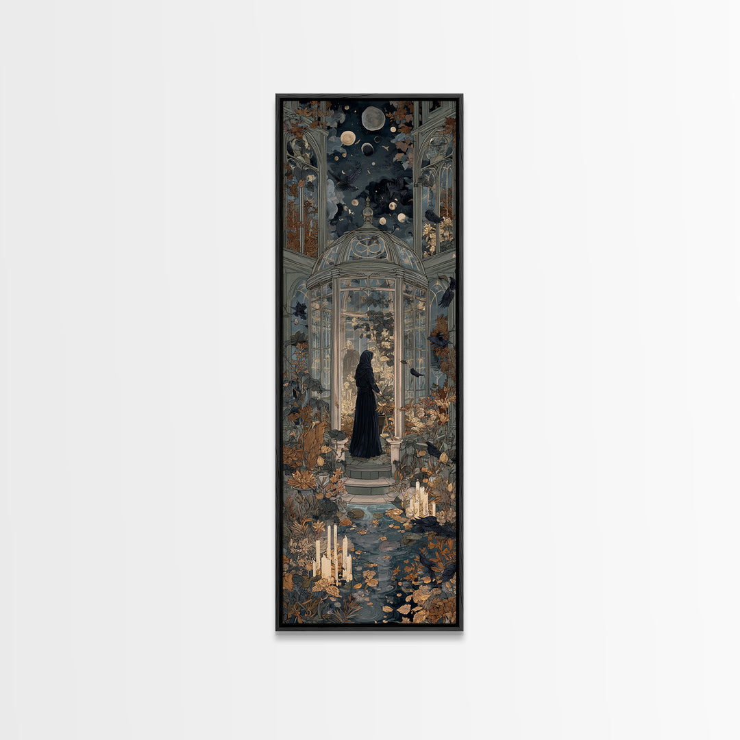 The Witch Queen Greenhouse - Surreal Celestial Vision, Spooky Wall Decor, Tall Narrow Wall Art, Framed Canvas Print, Halloween Home Decor